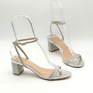 BADGLEY MISHKA JEWEL Danni Glitter Sandal Women 7.5 Silver Block Heel Ankle